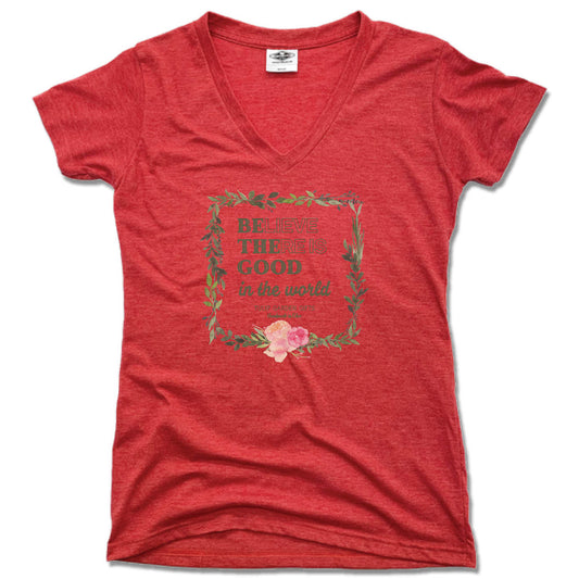 TULIP GARDEN GIFTS | LADIES RED V-NECK | TULIP GREEN LOGO