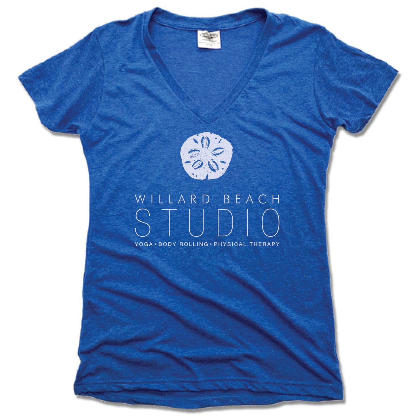 WILLARD BEACH STUDIO | LADIES BLUE V-NECK | WHITE LOGO