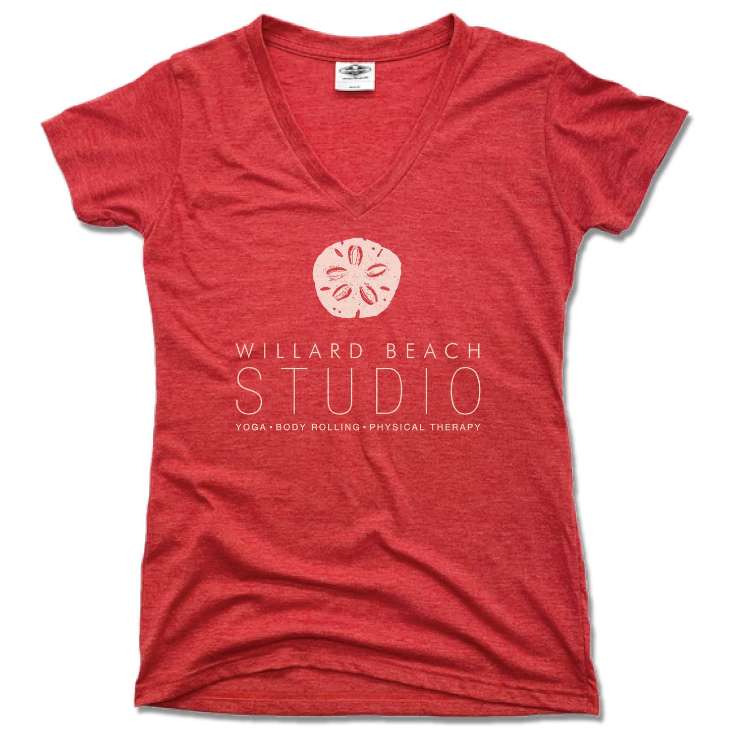 WILLARD BEACH STUDIO | LADIES RED V-NECK | WHITE LOGO