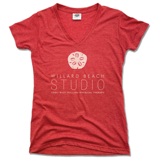 WILLARD BEACH STUDIO | LADIES RED V-NECK | WHITE LOGO