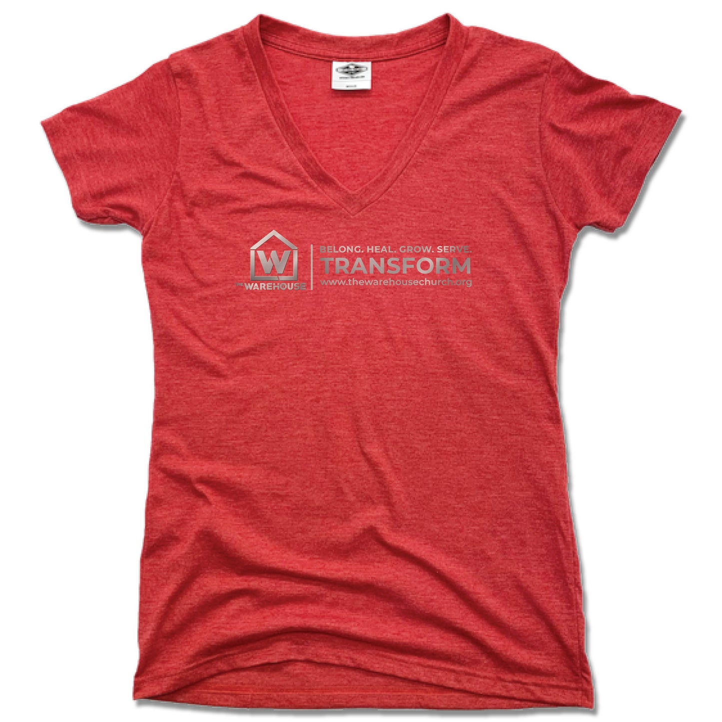 THE WAREHOUSE CHURCH | LADIES RED V-NECK | SILVER LOGO
