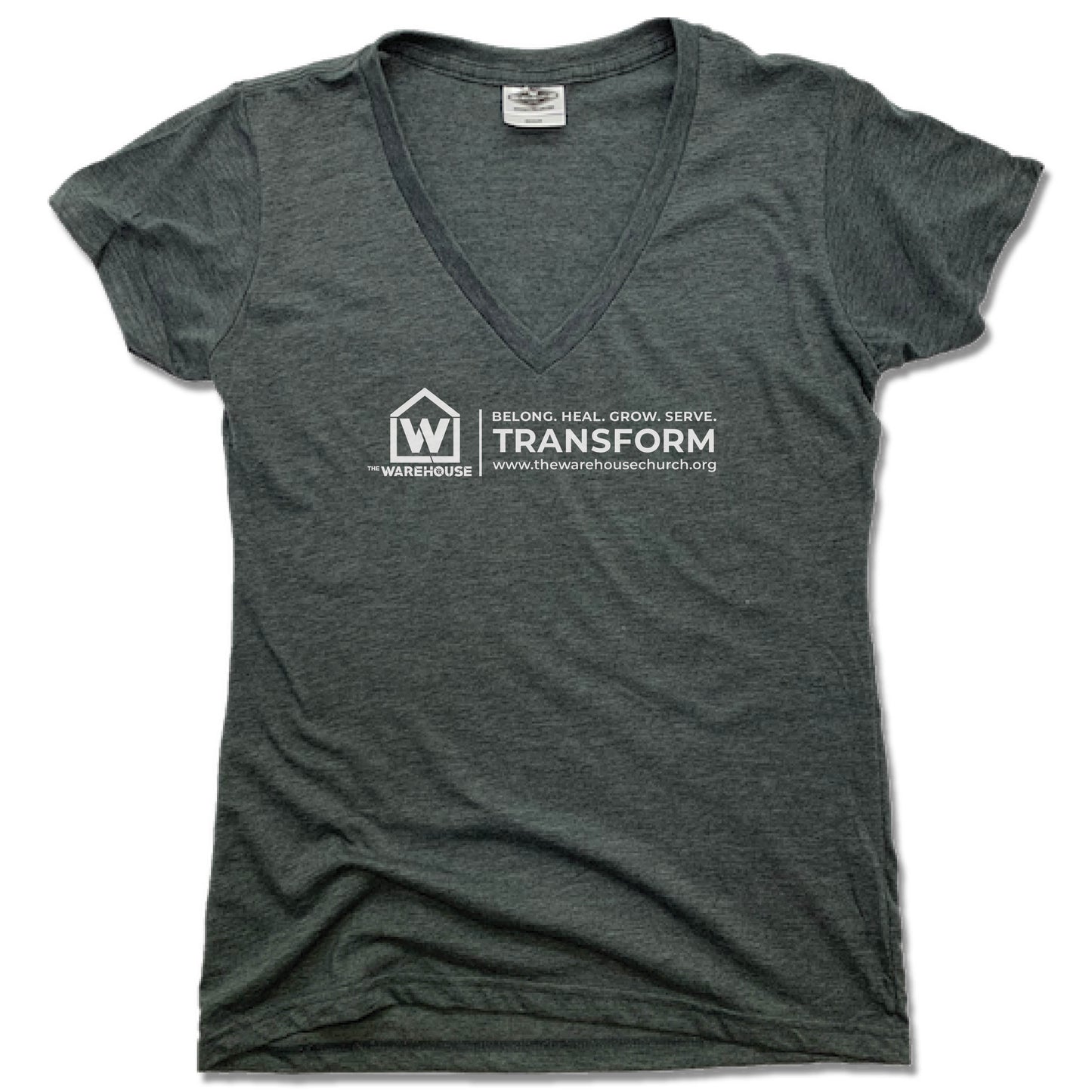 THE WAREHOUSE CHURCH | LADIES V-NECK | WHITE LOGO