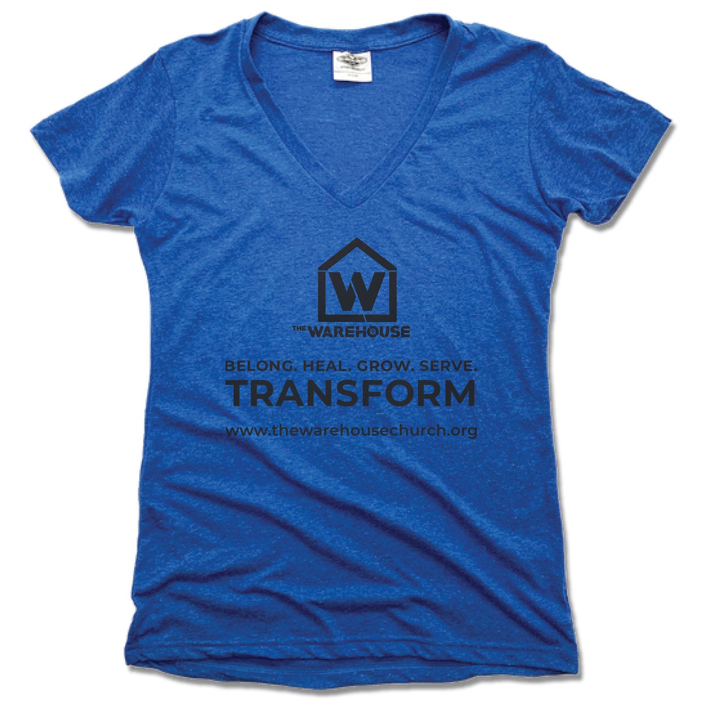 THE WAREHOUSE CHURCH | LADIES BLUE V-NECK | MONOGRAM BLACK