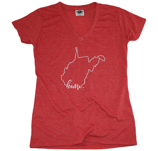 WEST VIRGINIA RED LADIES V-NECK | CALLIGRAPHY OUTLINE | HOME