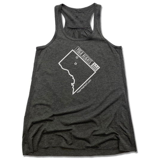 YOGA HEIGHTS | LADIES GRAY FLOWY TANK | WHITE LOGO