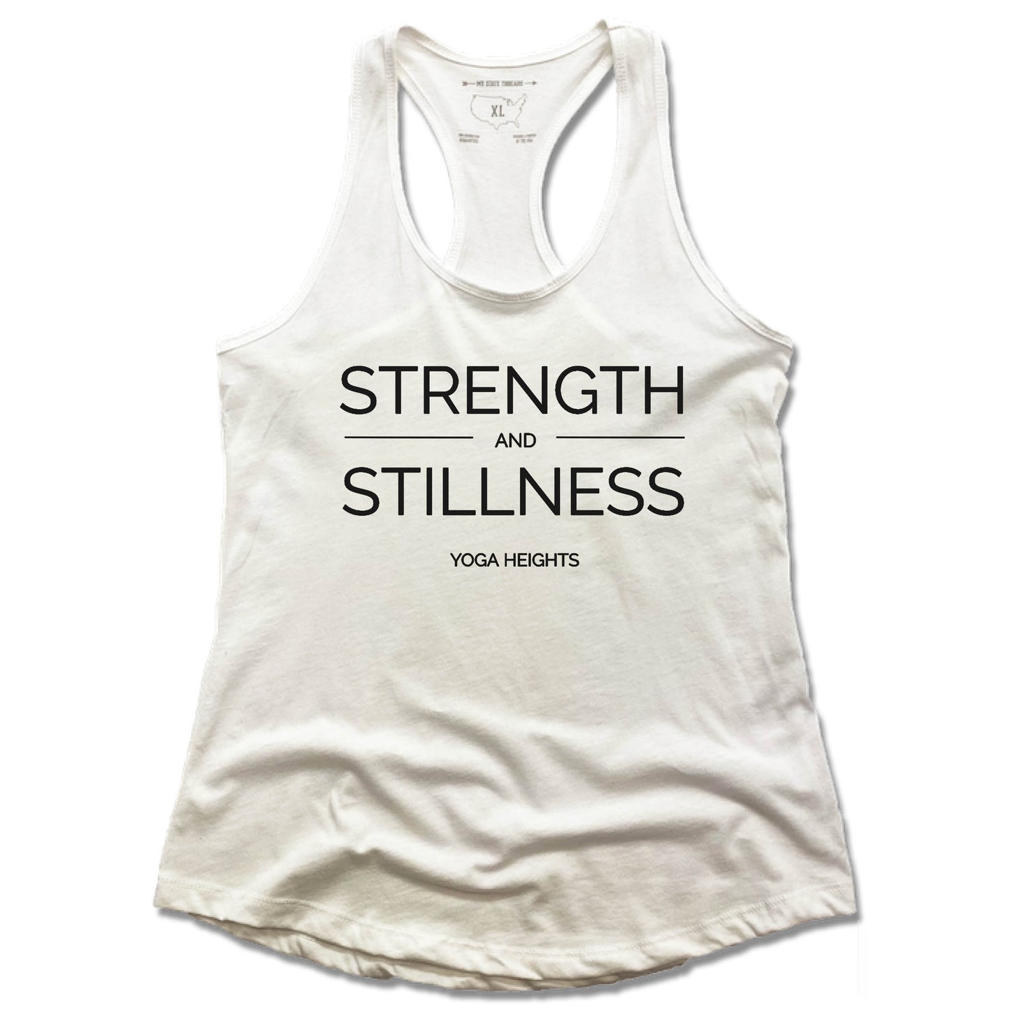 YOGA HEIGHTS | LADIES WHITE TANK | STRENGTH STILLNESS BLACK