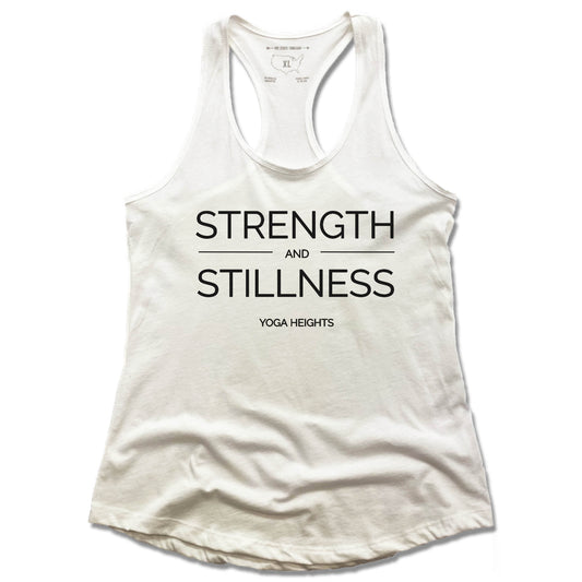 YOGA HEIGHTS | LADIES WHITE TANK | STRENGTH STILLNESS BLACK