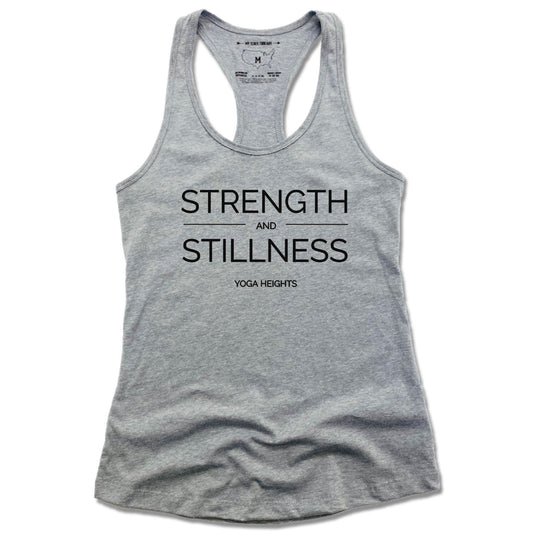 YOGA HEIGHTS | LADIES GRAY TANK | STRENGTH STILLNESS BLACK