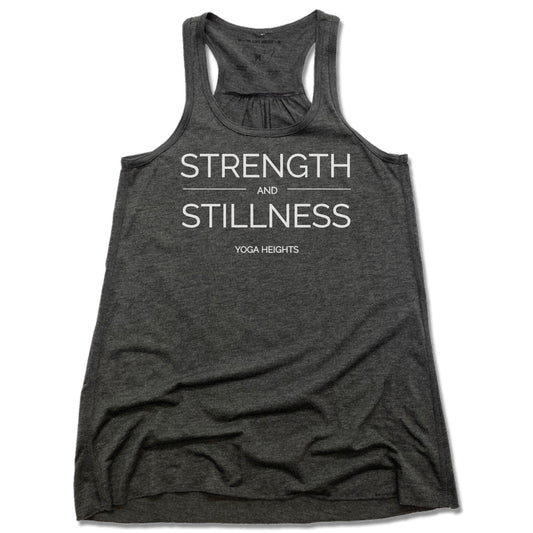 YOGA HEIGHTS | LADIES GRAY FLOWY TANK | STRENGTH STILLNESS WHITE