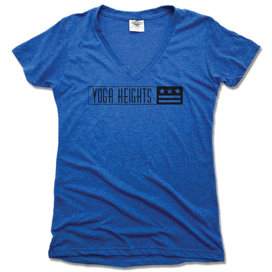 YOGA HEIGHTS | LADIES BLUE V-NECK | YH BLACK LOGO