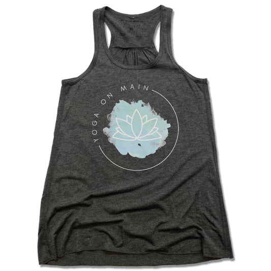 YOGA ON MAIN | LADIES GRAY FLOWY TANK | LOGO