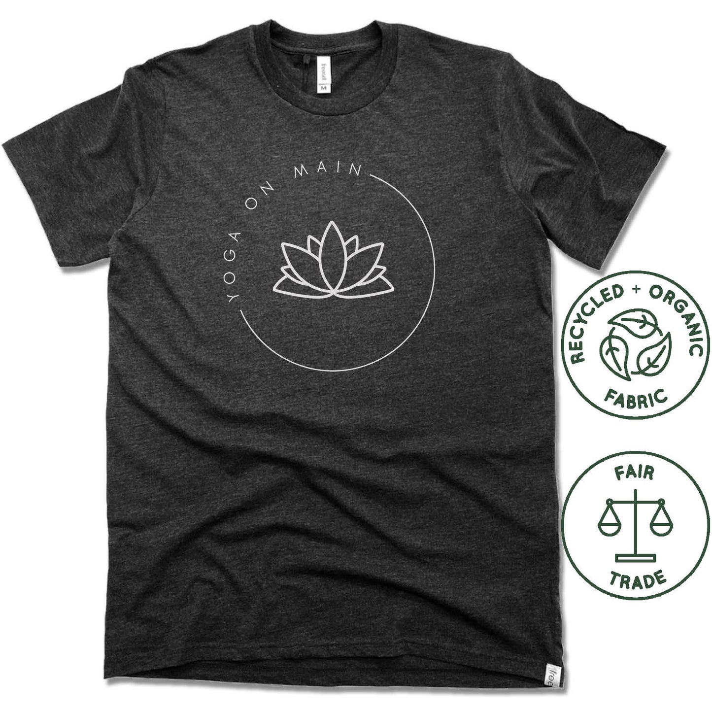 YOGA ON MAIN | FAIRTRADE FREESET BLACK UNISEX TEE | WHITE LOGO