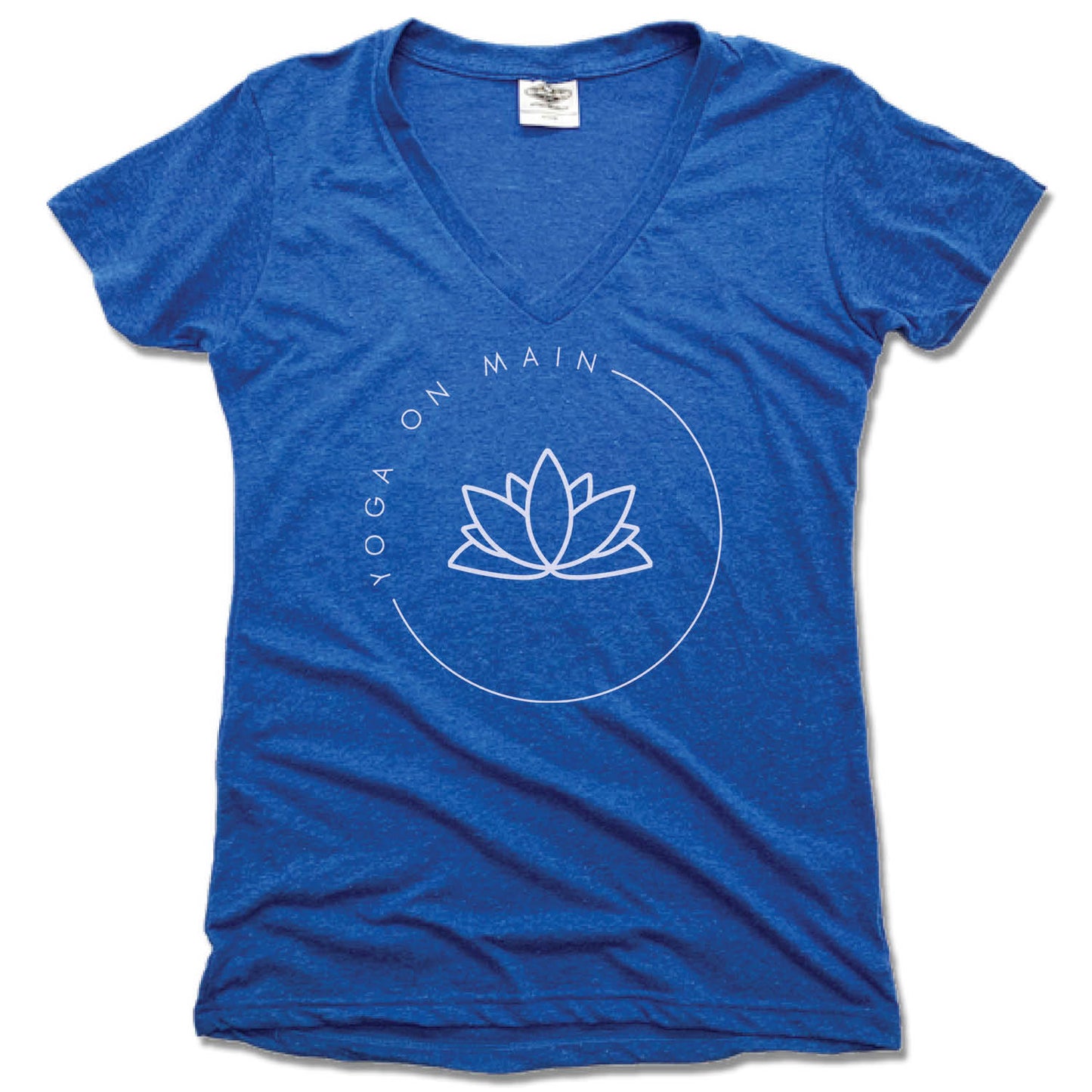 YOGA ON MAIN | LADIES BLUE V-NECK | WHITE LOGO