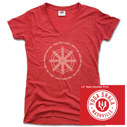 YOGA SHALA NASHVILLE | LADIES RED V-NECK | YOGA SHALA WHEEL LOGO