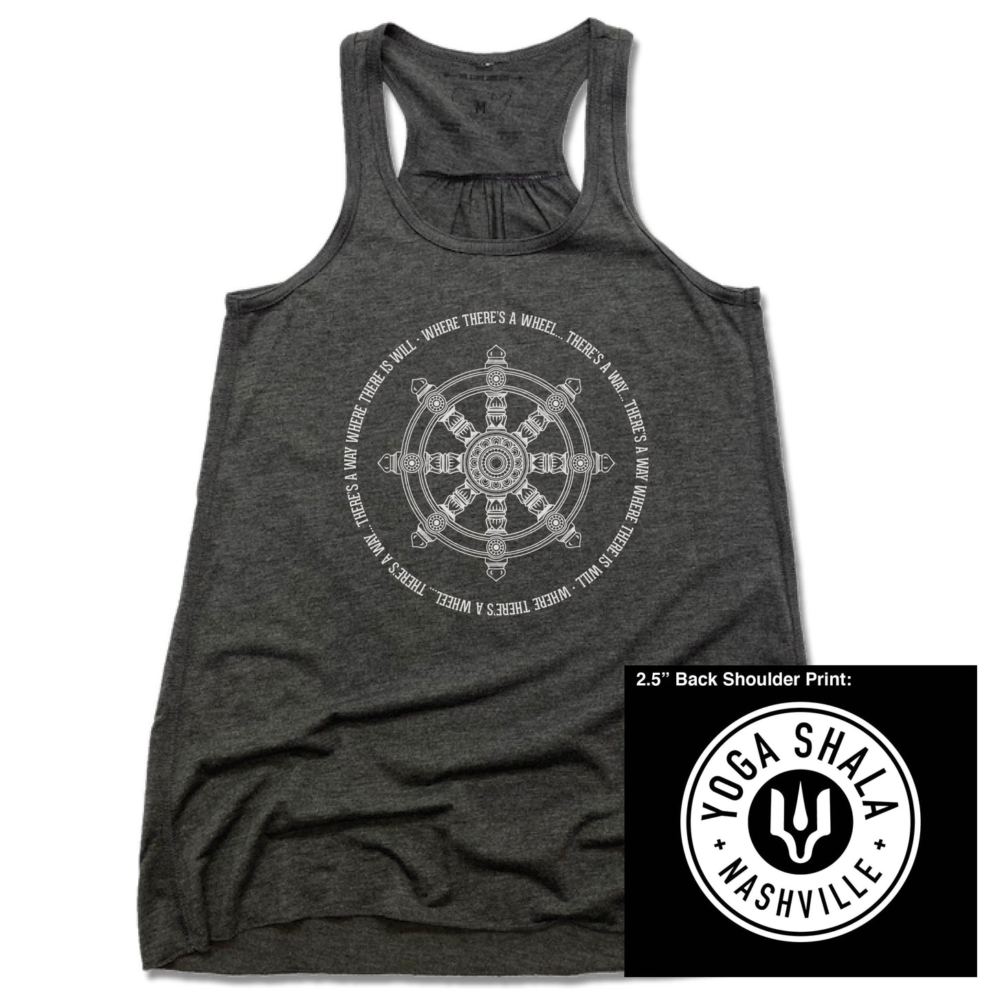YOGA SHALA NASHVILLE | LADIES GRAY FLOWY TANK | YOGA SHALA WHEEL LOGO