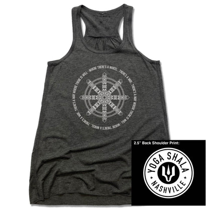 YOGA SHALA NASHVILLE | LADIES GRAY FLOWY TANK | YOGA SHALA WHEEL LOGO