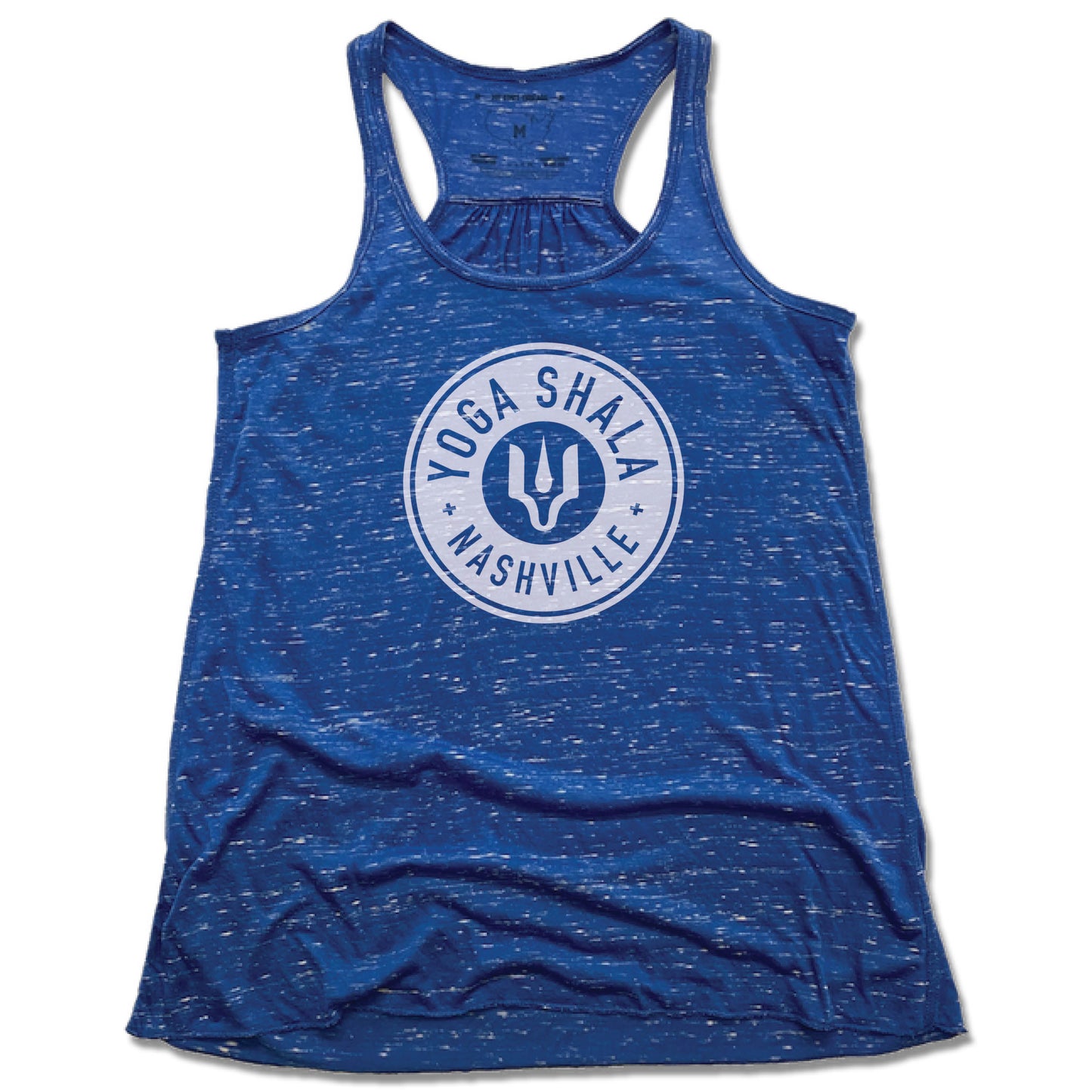 YOGA SHALA NASHVILLE | LADIES BLUE FLOWY TANK | YOGA SHALA WHITE LOGO