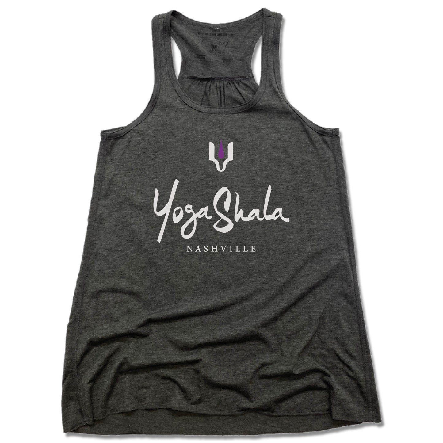 YOGA SHALA NASHVILLE | LADIES GRAY FLOWY TANK | WHITE LOGO