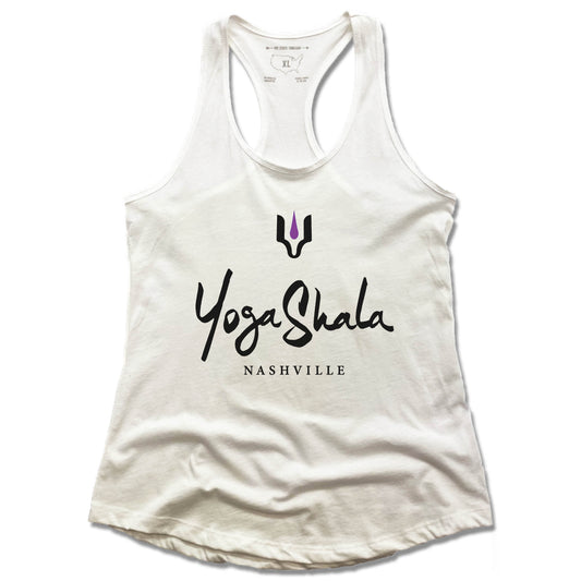 YOGA SHALA NASHVILLE | LADIES WHITE TANK | BLACK LOGO