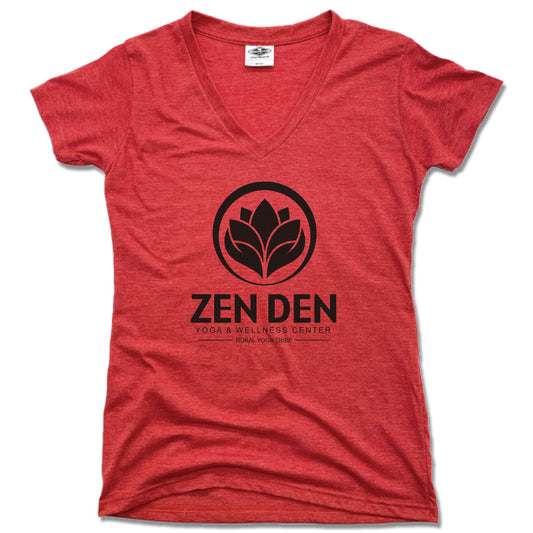 ZEN DEN BY RURAL YOGA TRIBE | LADIES RED V-NECK | BLACK LOGO