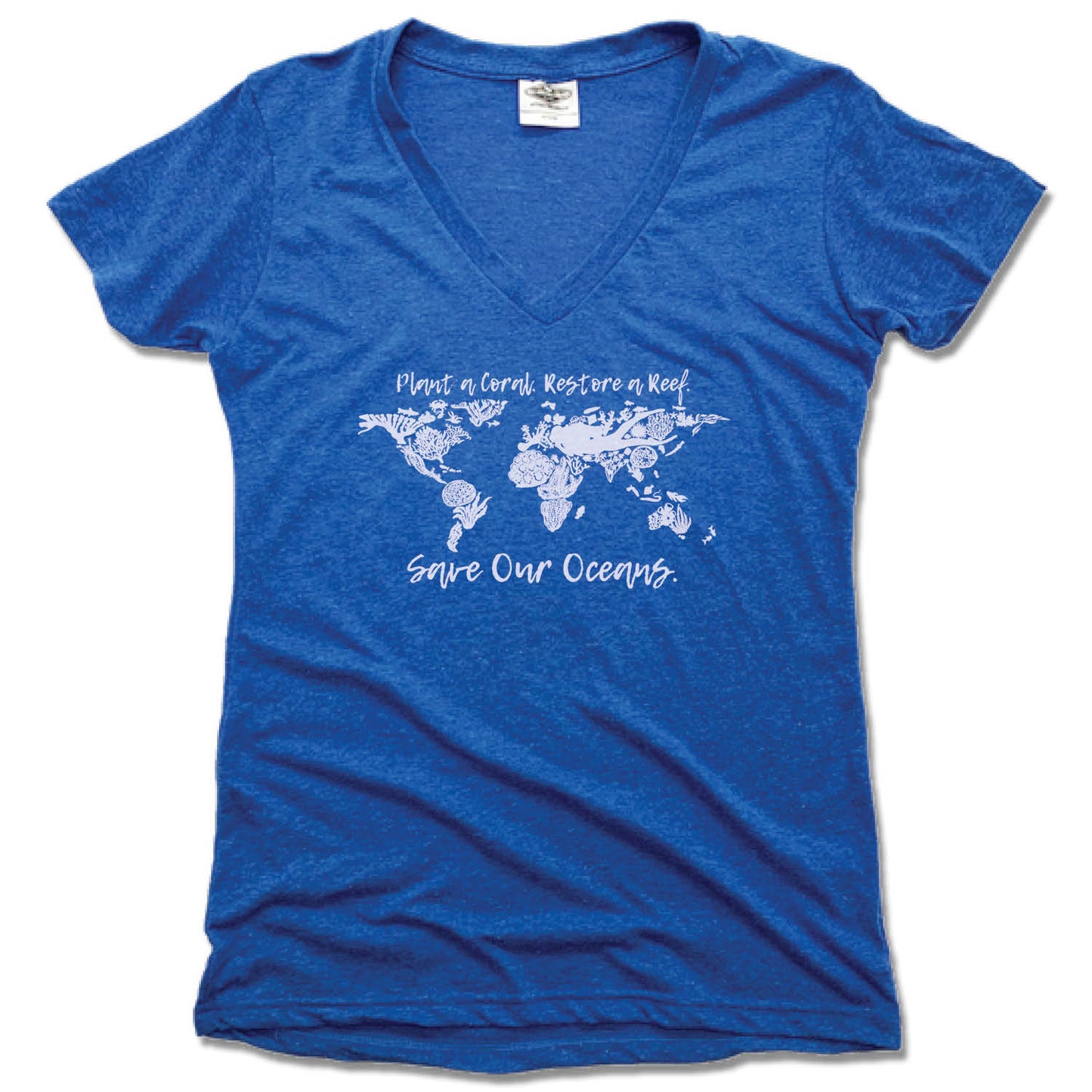 BAY ISLANDS REEF RESTORATION | LADIES BLUE V-NECK | SAVE OUR OCEANS