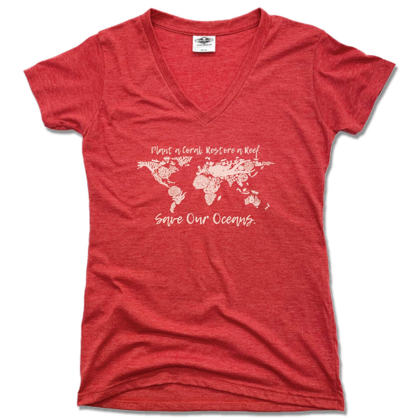 BAY ISLANDS REEF RESTORATION | LADIES RED V-NECK | SAVE OUR OCEANS