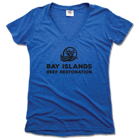 BAY ISLANDS REEF RESTORATION | LADIES BLUE V-NECK | BLACK LOGO