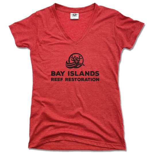 BAY ISLANDS REEF RESTORATION | LADIES RED V-NECK | BLACK LOGO