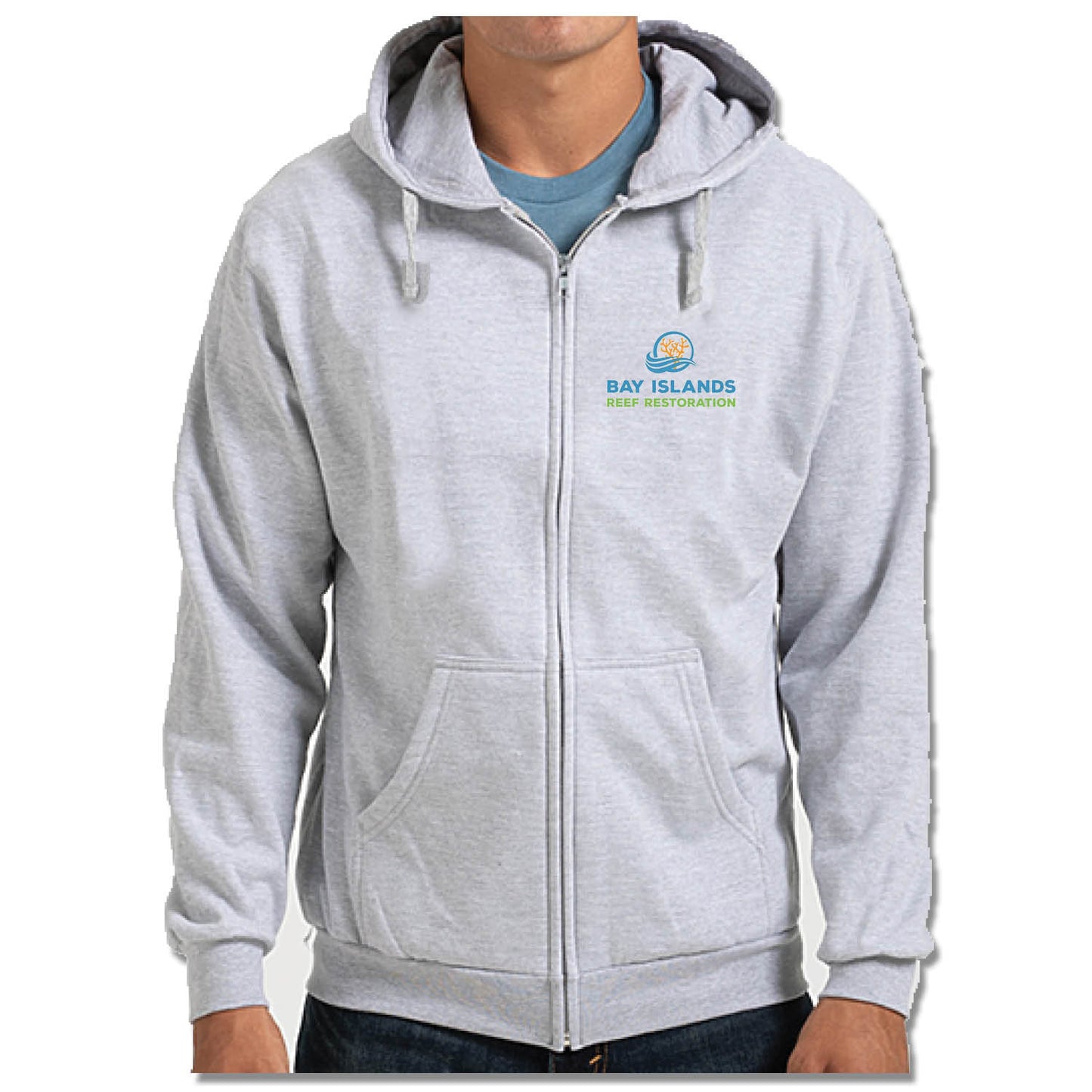 BAY ISLANDS REEF RESTORATION | LIGHT GRAY ZIP HOODIE | COLOR LOGO