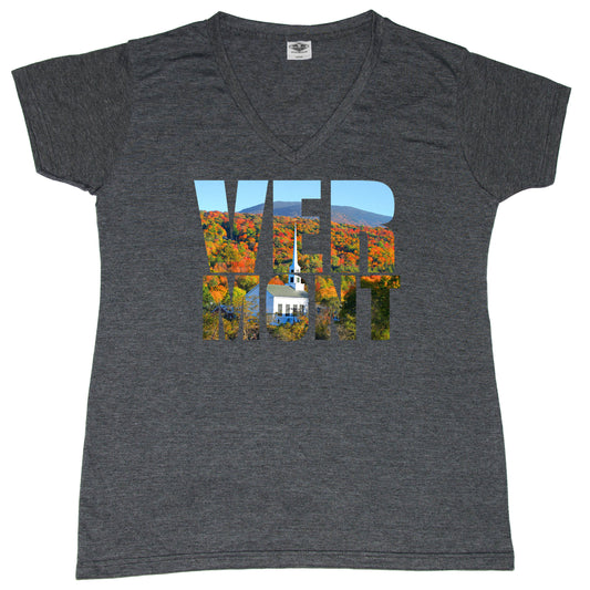 VERMONT LADIES' V-NECK | PHOTO LETTERS | TREES