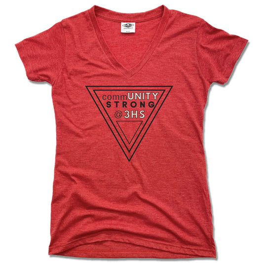 THREEHOUSE STUDIOS | LADIES RED V-NECK | COMMUNITY STRONG