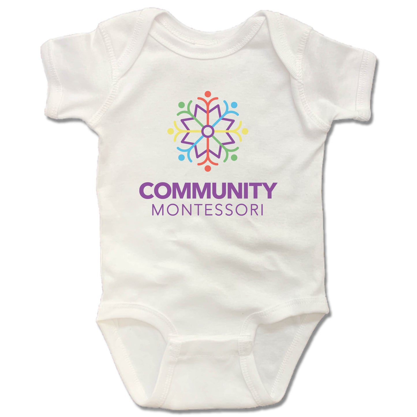 COMMUNITY MONTESSORI | WHITE ONESIE | COLOR LOGO