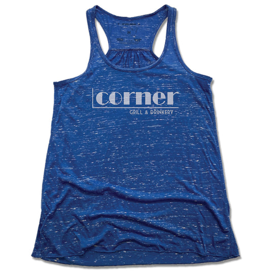 CORNER BAR | LADIES BLUE FLOWY TANK | WHITE LOGO