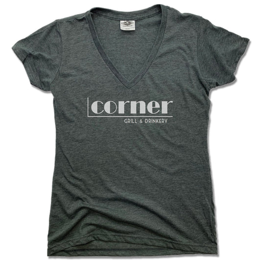 CORNER BAR | LADIES V-NECK | WHITE LOGO