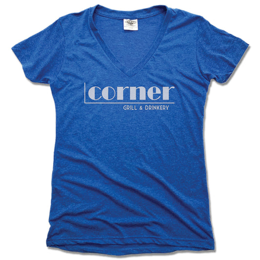 CORNER BAR | LADIES BLUE V-NECK | WHITE LOGO