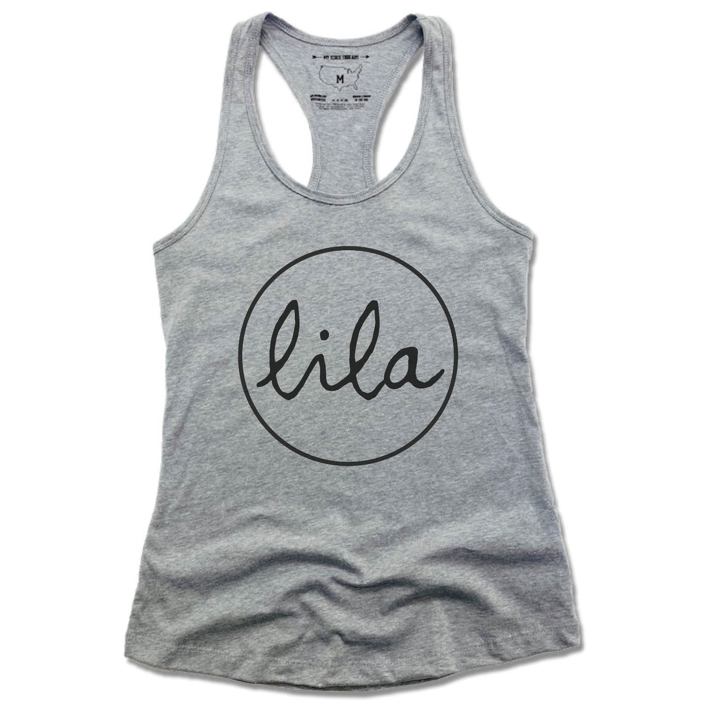 LILA YOGA | LADIES GRAY TANK | BLACK LOGO