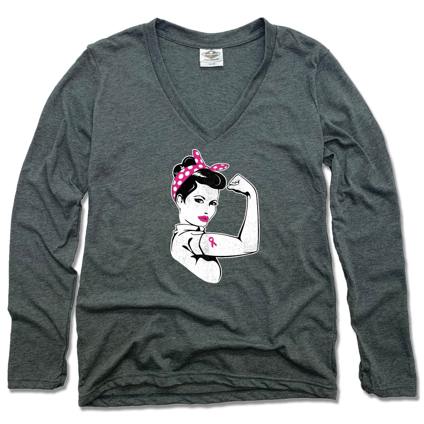 FIGHT BREAST CANCER | LADIES LONG SLEEVE V-NECK | CHARCOAL