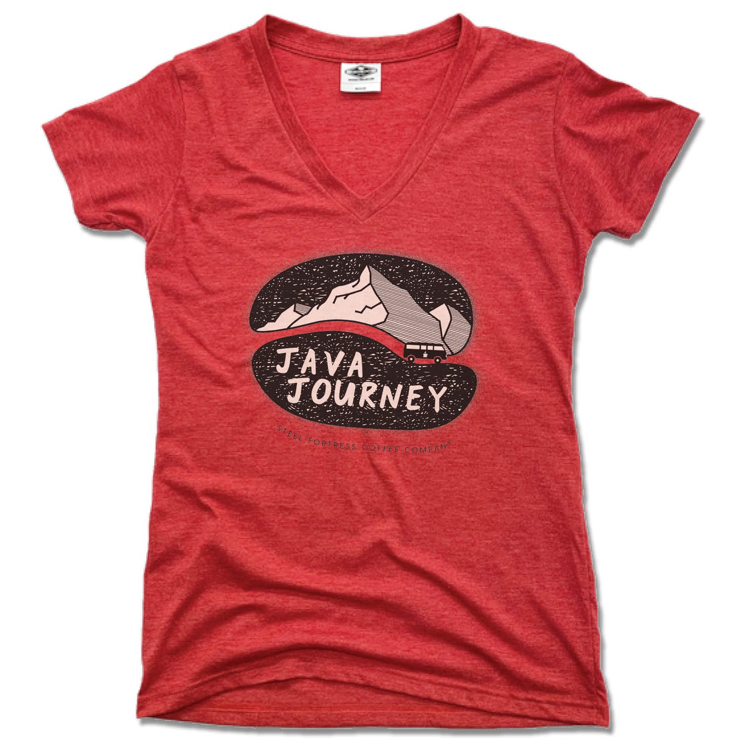 STEEL FORTRESS COFFEE | LADIES RED V-NECK | BLACK LOGO