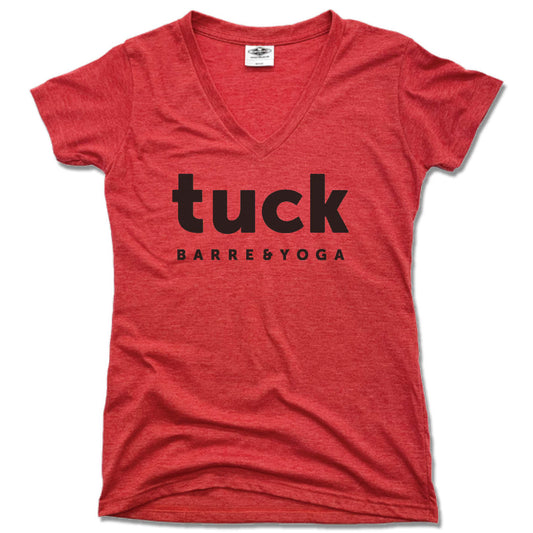 TUCK BARRE & YOGA | LADIES RED V-NECK | BLACK LOGO