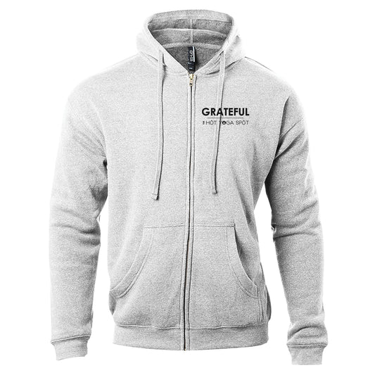 THE HOT YOGA SPOT | LIGHT GRAY ZIP HOODIE | GRATEFUL